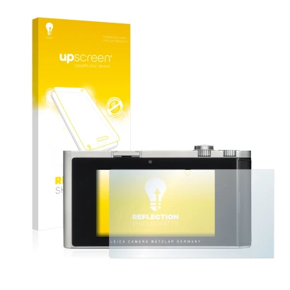 Parte frontal de un envase de producto con el logotipo de la marca upscreen. Al lado se muestra el dispositivo Leica T (Typ 70