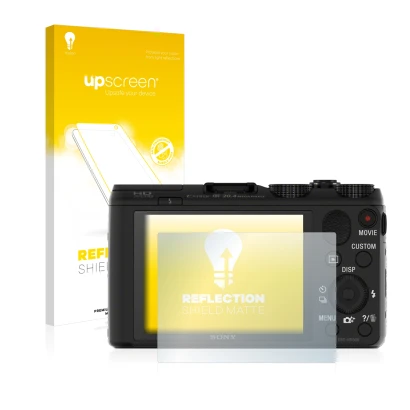Parte frontal de un envase de producto con el logotipo de la marca upscreen. Al lado se muestra el dispositivo Sony Cyber-Shot