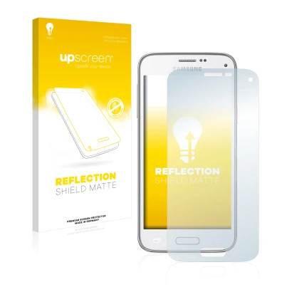 Parte frontal de un envase de producto con el logotipo de la marca upscreen. Al lado se muestra el dispositivo Samsung Galaxy 