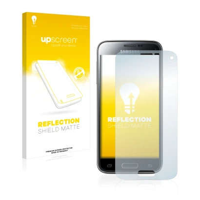 Parte frontal de un envase de producto con el logotipo de la marca upscreen. Al lado se muestra el dispositivo Samsung Galaxy