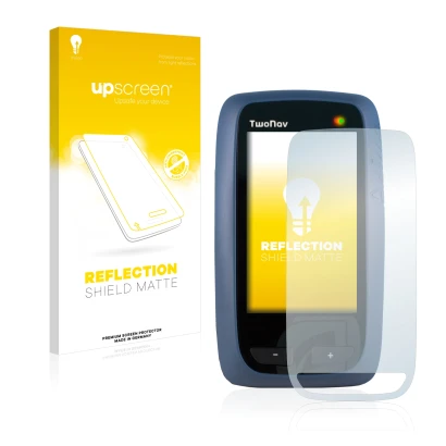 Parte frontal de un envase de producto con el logotipo de la marca upscreen. Al lado se muestra el dispositivo CompeGPS TwoNav