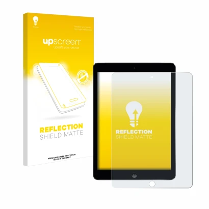 Parte frontal de un envase de producto con el logotipo de la marca upscreen. Al lado se muestra el dispositivo Apple iPad Air