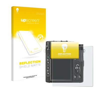 Parte frontal de un envase de producto con el logotipo de la marca upscreen. Al lado se muestra el dispositivo Fujifilm X10 co