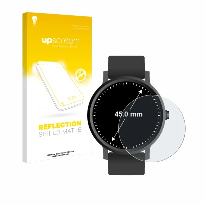 Parte frontal de un envase de producto con el logotipo de la marca upscreen. Al lado se muestra el dispositivo Relojes (Circul