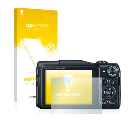 Parte frontal de un envase de producto con el logotipo de la marca upscreen. Al lado se muestra el dispositivo Canon PowerShot