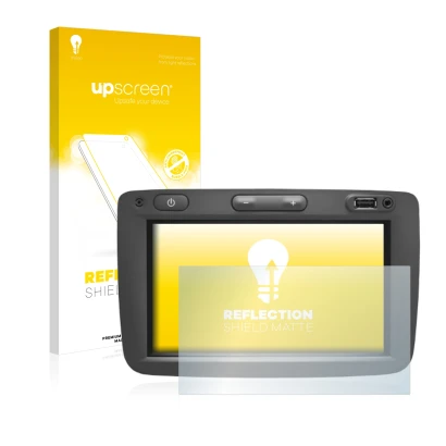 Parte frontal de un envase de producto con el logotipo de la marca upscreen. Al lado se muestra el dispositivo Dacia Media Nav