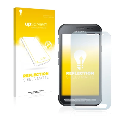 Parte frontal de un envase de producto con el logotipo de la marca upscreen. Al lado se muestra el dispositivo Samsung Galaxy