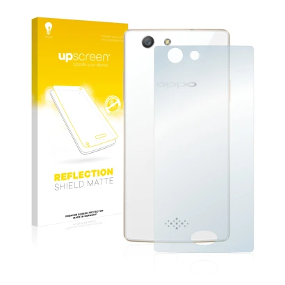Parte frontal de un envase de producto con el logotipo de la marca upscreen. Al lado se muestra el dispositivo Oppo A31 2015 (