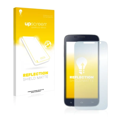 Parte frontal de un envase de producto con el logotipo de la marca upscreen. Al lado se muestra el dispositivo Landvo L8 con s