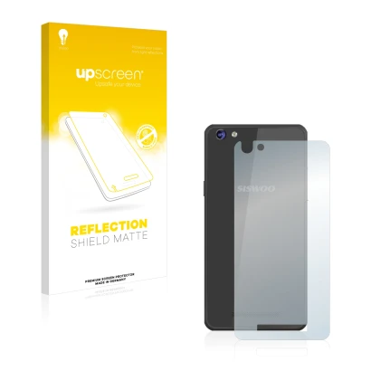 Parte frontal de un envase de producto con el logotipo de la marca upscreen. Al lado se muestra el dispositivo Siswoo C50 Long