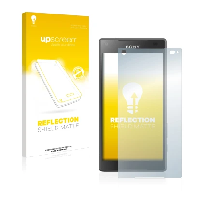 Parte frontal de un envase de producto con el logotipo de la marca upscreen. Al lado se muestra el dispositivo Sony Xperia Z5