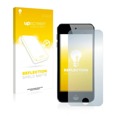 Parte frontal de un envase de producto con el logotipo de la marca upscreen. Al lado se muestra el dispositivo Apple iPod Touc