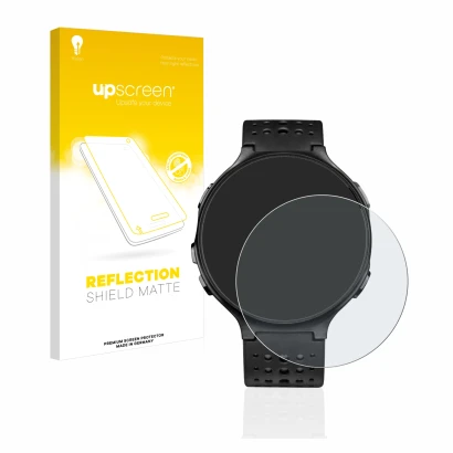 Parte frontal de un envase de producto con el logotipo de la marca upscreen. Al lado se muestra el dispositivo Garmin Forerunn