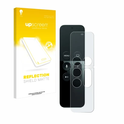 Parte frontal de un envase de producto con el logotipo de la marca upscreen. Al lado se muestra el dispositivo Apple Remote Co