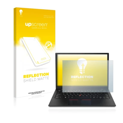 Parte frontal de un envase de producto con el logotipo de la marca upscreen. Al lado se muestra el dispositivo Lenovo ThinkPad
