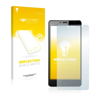 Parte frontal de un envase de producto con el logotipo de la marca upscreen. Al lado se muestra el dispositivo Leagoo Elite 4
