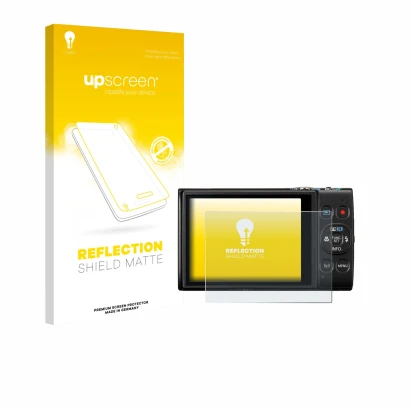 Parte frontal de un envase de producto con el logotipo de la marca upscreen. Al lado se muestra el dispositivo Canon Digital I