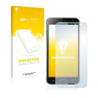 Parte frontal de un envase de producto con el logotipo de la marca upscreen. Al lado se muestra el dispositivo Samsung Galaxy