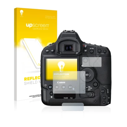 Parte frontal de un envase de producto con el logotipo de la marca upscreen. Al lado se muestra el dispositivo Canon EOS 1D X 