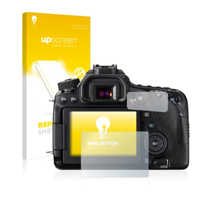 Parte frontal de un envase de producto con el logotipo de la marca upscreen. Al lado se muestra el dispositivo Canon EOS 80D c