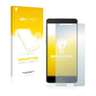 Parte frontal de un envase de producto con el logotipo de la marca upscreen. Al lado se muestra el dispositivo OnePlus 3 con s