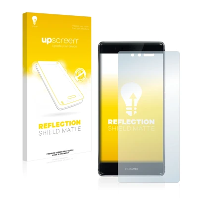 Parte frontal de un envase de producto con el logotipo de la marca upscreen. Al lado se muestra el dispositivo Huawei P9 Plus