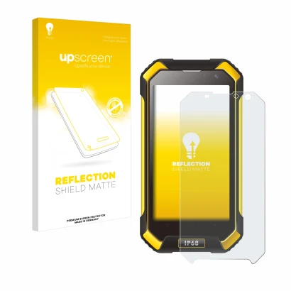 Parte frontal de un envase de producto con el logotipo de la marca upscreen. Al lado se muestra el dispositivo Blackview BV600