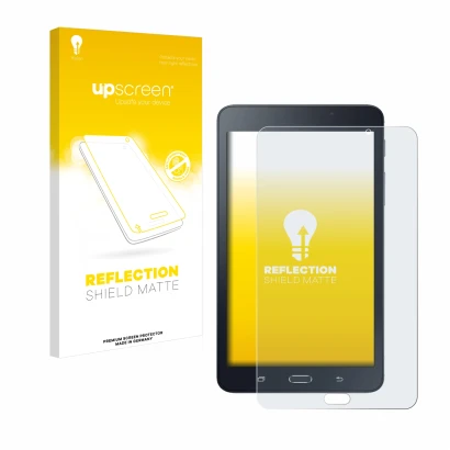 Parte frontal de un envase de producto con el logotipo de la marca upscreen. Al lado se muestra el dispositivo Samsung Galaxy