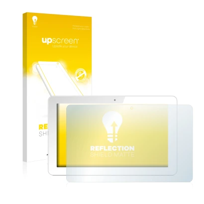 Parte frontal de un envase de producto con el logotipo de la marca upscreen. Al lado se muestra el dispositivo Odys Rise 10 Qu
