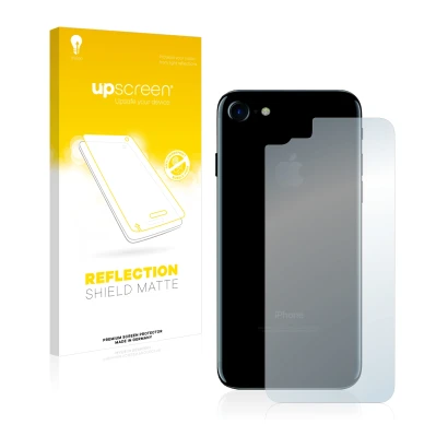 Parte frontal de un envase de producto con el logotipo de la marca upscreen. Al lado se muestra el dispositivo Apple iPhone 7 