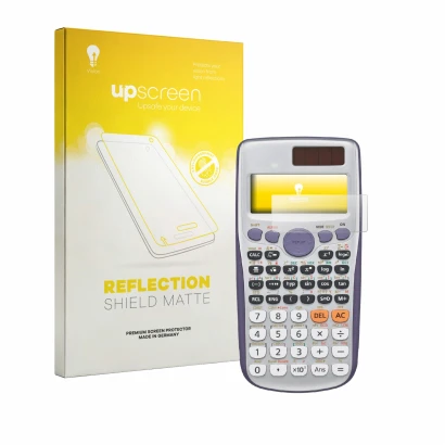 Parte frontal de un envase de producto con el logotipo de la marca upscreen. Al lado se muestra el dispositivo Casio FX-991DE 