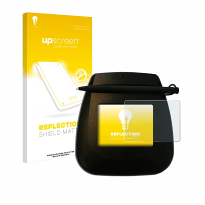 Parte frontal de un envase de producto con el logotipo de la marca upscreen. Al lado se muestra el dispositivo ePadLink ePad I