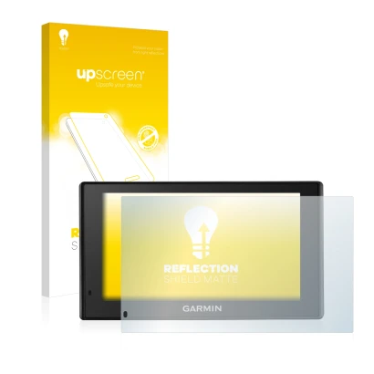 Parte frontal de un envase de producto con el logotipo de la marca upscreen. Al lado se muestra el dispositivo Garmin DriveTra