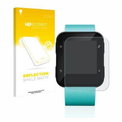 Parte frontal de un envase de producto con el logotipo de la marca upscreen. Al lado se muestra el dispositivo Garmin Forerunn