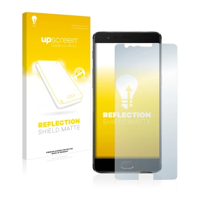 Parte frontal de un envase de producto con el logotipo de la marca upscreen. Al lado se muestra el dispositivo OnePlus 3T con