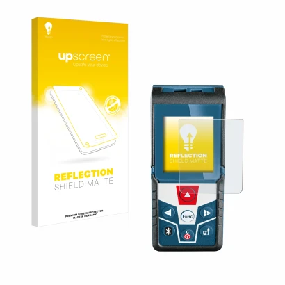 Parte frontal de un envase de producto con el logotipo de la marca upscreen. Al lado se muestra el dispositivo Bosch GLM 50 C 