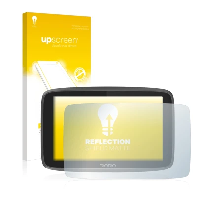 Parte frontal de un envase de producto con el logotipo de la marca upscreen. Al lado se muestra el dispositivo TomTom Go 6200