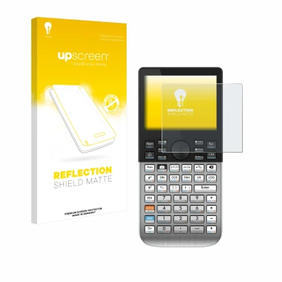 Parte frontal de un envase de producto con el logotipo de la marca upscreen. Al lado se muestra el dispositivo HP Prime con su