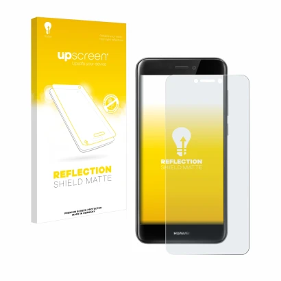 Parte frontal de un envase de producto con el logotipo de la marca upscreen. Al lado se muestra el dispositivo Huawei P8 Lite