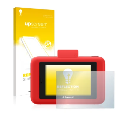 Parte frontal de un envase de producto con el logotipo de la marca upscreen. Al lado se muestra el dispositivo Polaroid Snap T