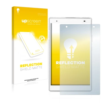 Parte frontal de un envase de producto con el logotipo de la marca upscreen. Al lado se muestra el dispositivo Lenovo Tab 4 8