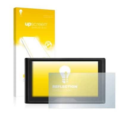 Parte frontal de un envase de producto con el logotipo de la marca upscreen. Al lado se muestra el dispositivo Garmin Drive 61