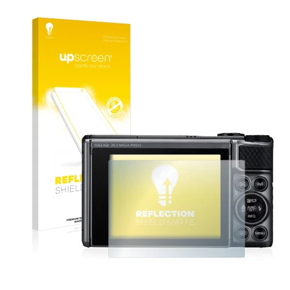 Parte frontal de un envase de producto con el logotipo de la marca upscreen. Al lado se muestra el dispositivo Canon PowerShot