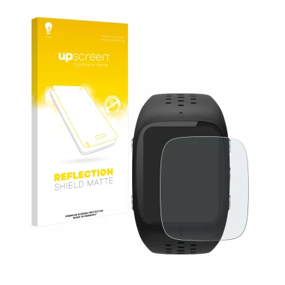 Parte frontal de un envase de producto con el logotipo de la marca upscreen. Al lado se muestra el dispositivo Polar M430 con