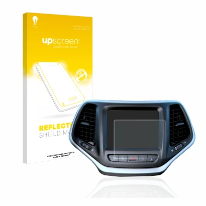 Parte frontal de un envase de producto con el logotipo de la marca upscreen. Al lado se muestra el dispositivo Jeep Cherokee U