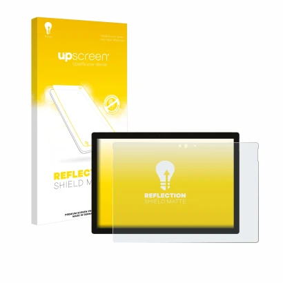 Parte frontal de un envase de producto con el logotipo de la marca upscreen. Al lado se muestra el dispositivo Microsoft Surfa