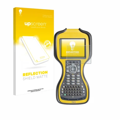Parte frontal de un envase de producto con el logotipo de la marca upscreen. Al lado se muestra el dispositivo Trimble TSC3 co
