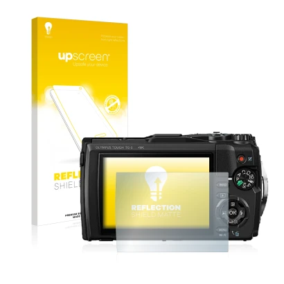 Parte frontal de un envase de producto con el logotipo de la marca upscreen. Al lado se muestra el dispositivo Olympus Tough T