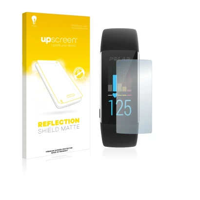 Parte frontal de un envase de producto con el logotipo de la marca upscreen. Al lado se muestra el dispositivo Polar A370 con