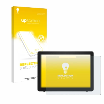 Parte frontal de un envase de producto con el logotipo de la marca upscreen. Al lado se muestra el dispositivo Dell Latitude 5
